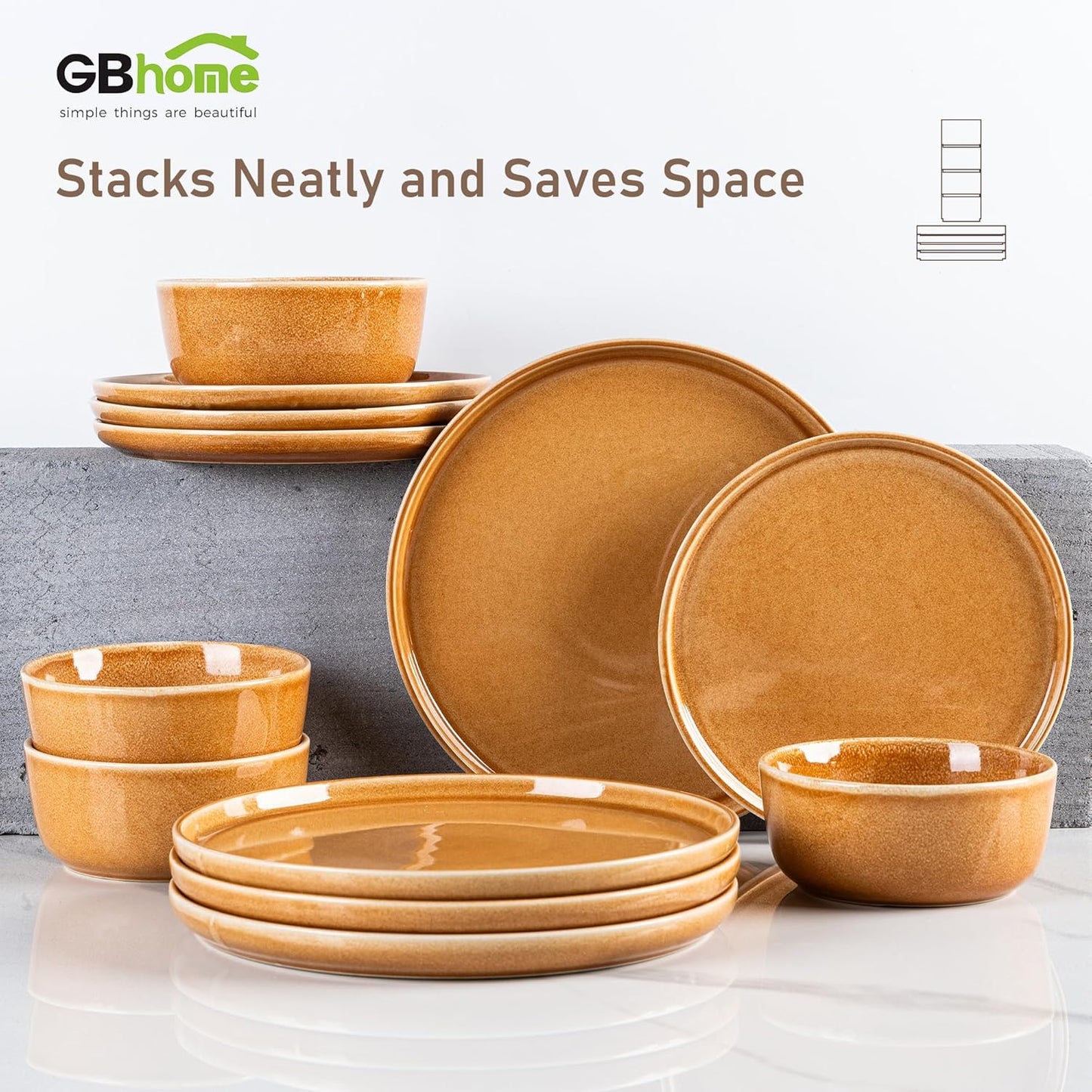 GBHOME Ceramic Dinnerware Sets for 4, 12 Pieces Stoneware Plates and Bowls Sets, Scratch Resistant