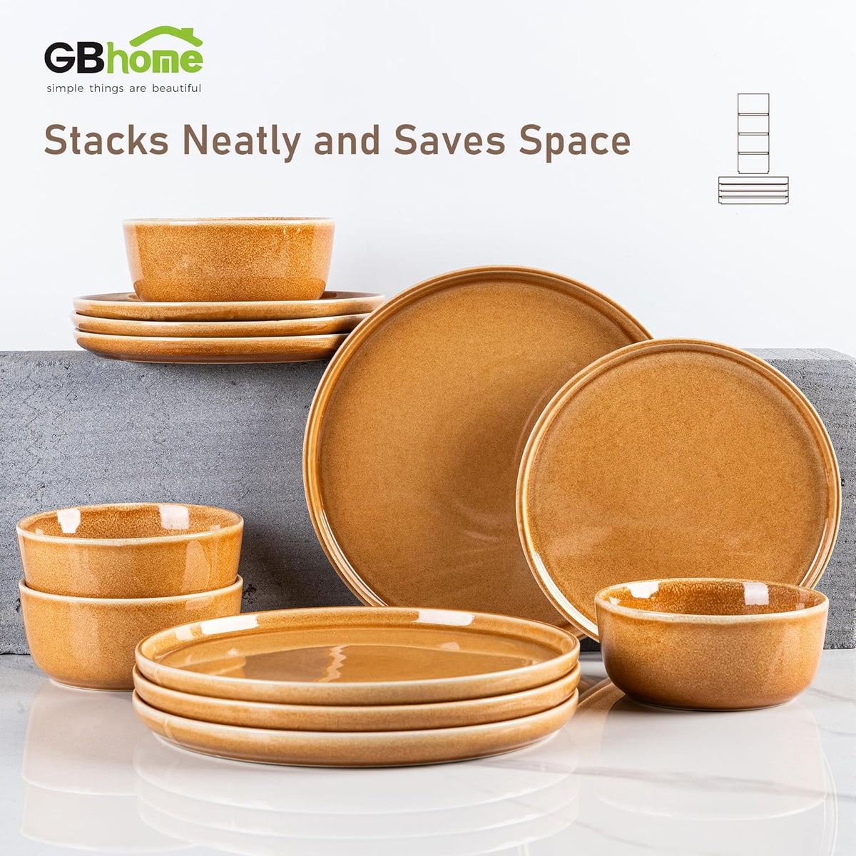 GBHOME Ceramic Dinnerware Sets for 4, 12 Pieces Stoneware Plates and Bowls Sets, Scratch Resistant