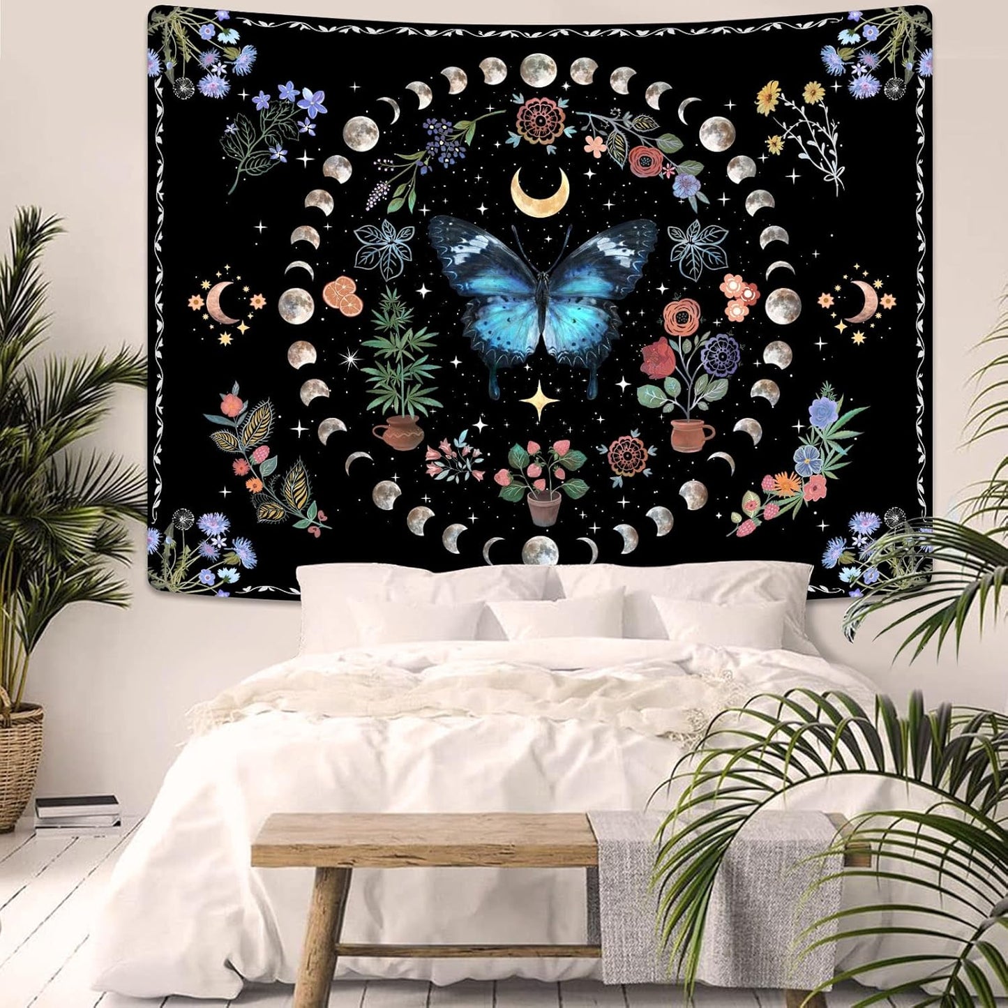 Fowocu Blue Butterfly Moon Flower Tapestry Boho Floral Plant Tapestries for Bedroom Aesthetic
