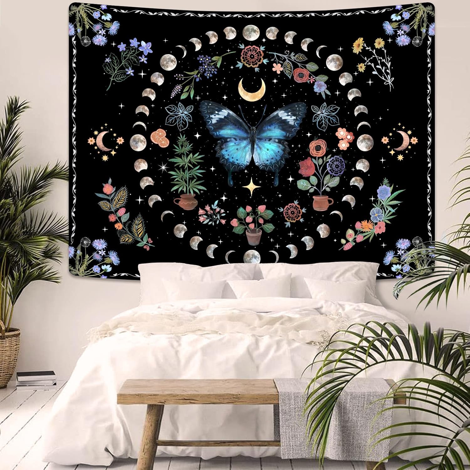 Fowocu Blue Butterfly Moon Flower Tapestry Boho Floral Plant Tapestries for Bedroom Aesthetic