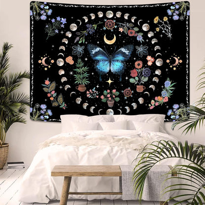Fowocu Blue Butterfly Moon Flower Tapestry Boho Floral Plant Tapestries for Bedroom Aesthetic