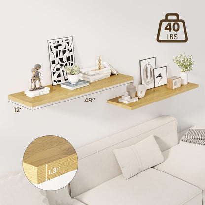 48" Floating Shelves for Wall, 12" Deep Slim Oak Floating Shelves, Wall-Mounted Shelves for