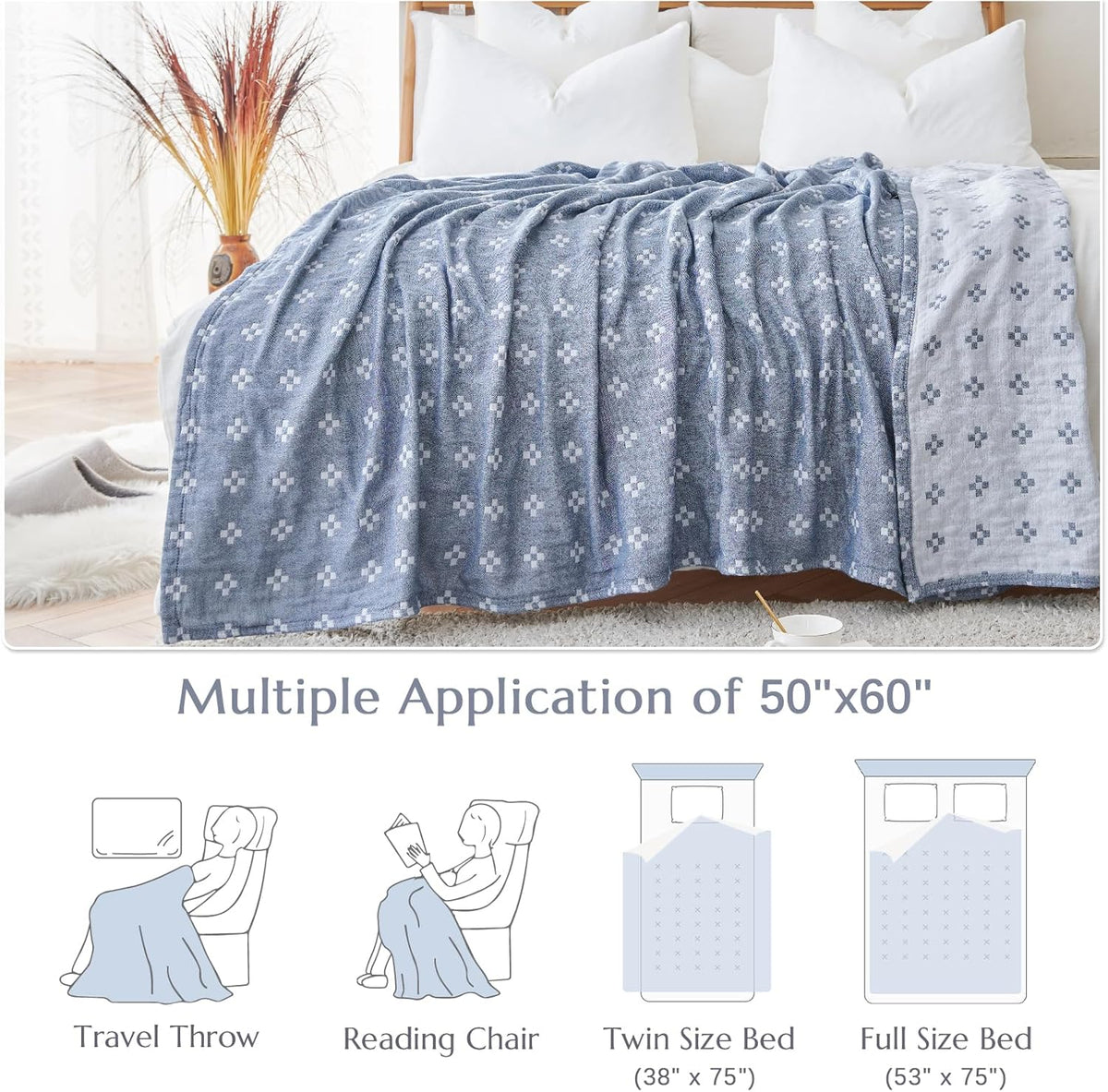 jinchan Boho 100% Cotton Blanket Muslin 50x60 Inches Lightweight 3-Layer Geometric Cross Pattern