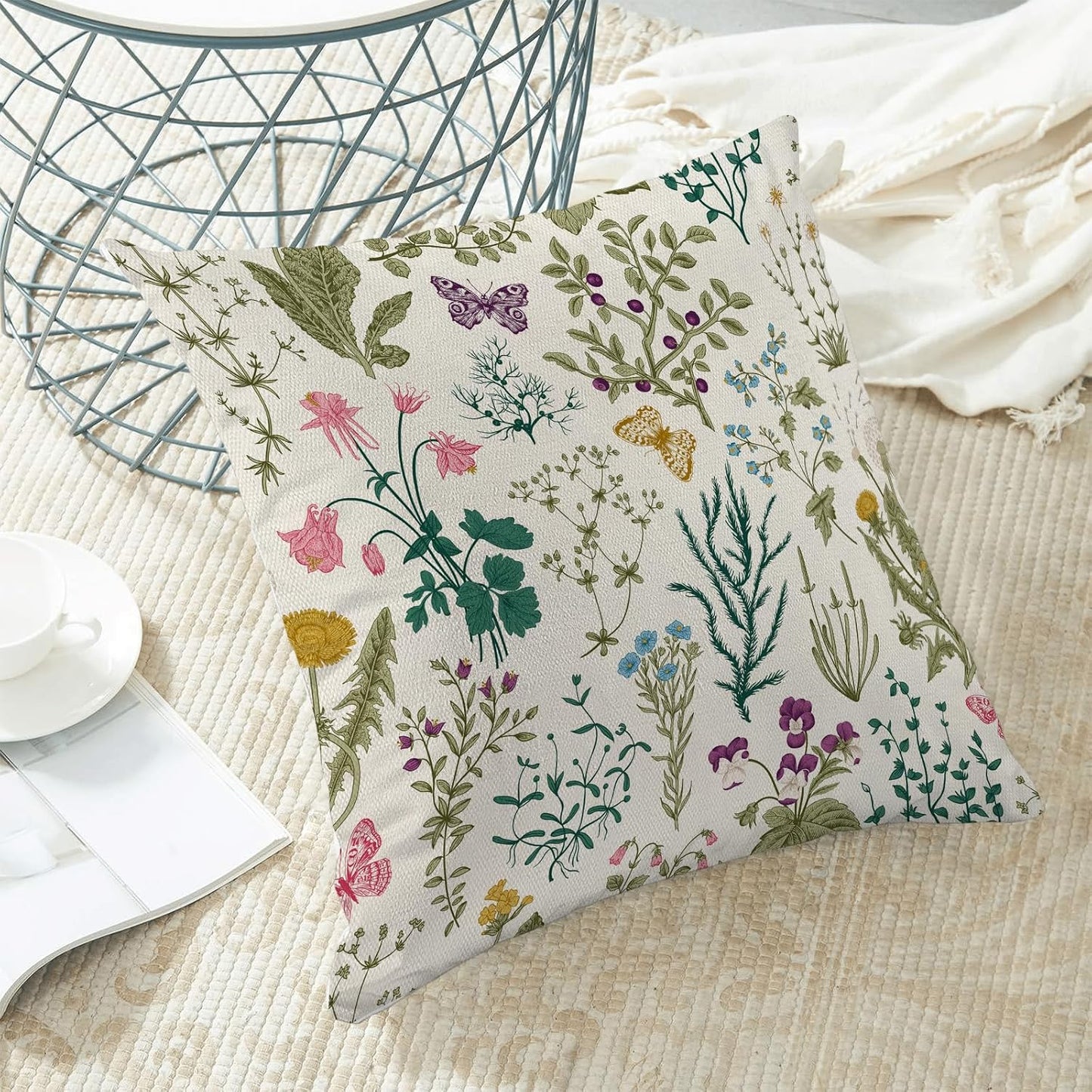 CXMEIFLY Spring Pillow Covers 20 x 20 Inch Set of 2 Vintage Sage Green Teal Wild Flowers Decor