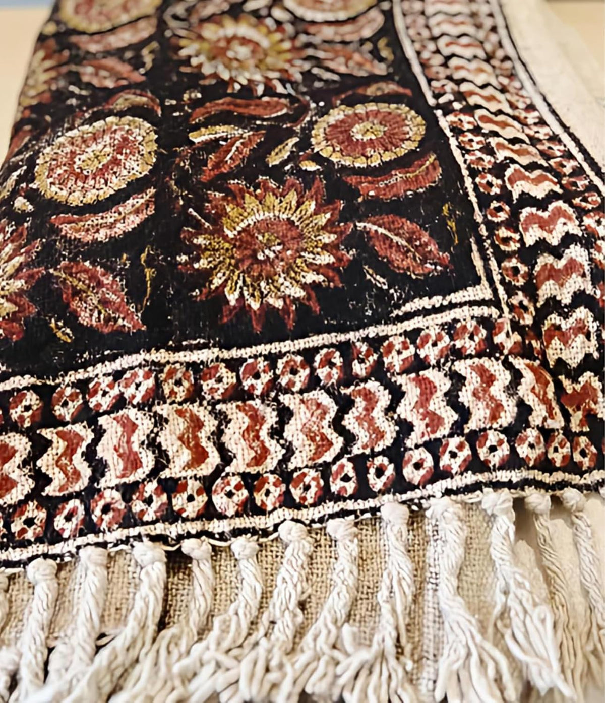 Bohemian Mud Cloth Handmade Throw with Tassels - 120x180 CM Handblock Printed Floral Cotton
