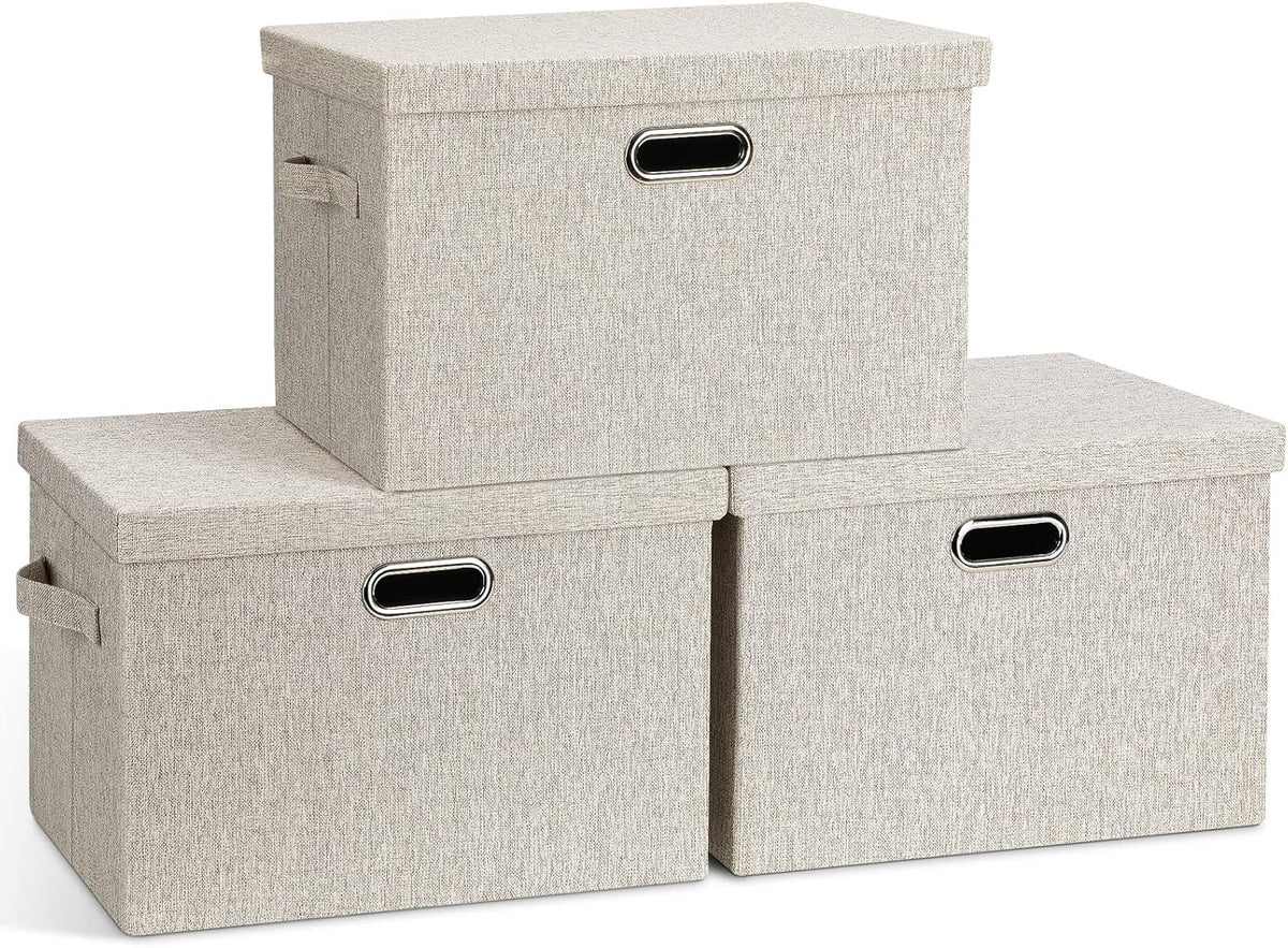 Large 17" 36 Quart Collapsible Stackable Storage Bins with Lids, 3 Packs Beige Linen Fabric Closet