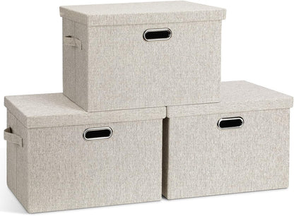 Large 17" 36 Quart Collapsible Stackable Storage Bins with Lids, 3 Packs Beige Linen Fabric Closet
