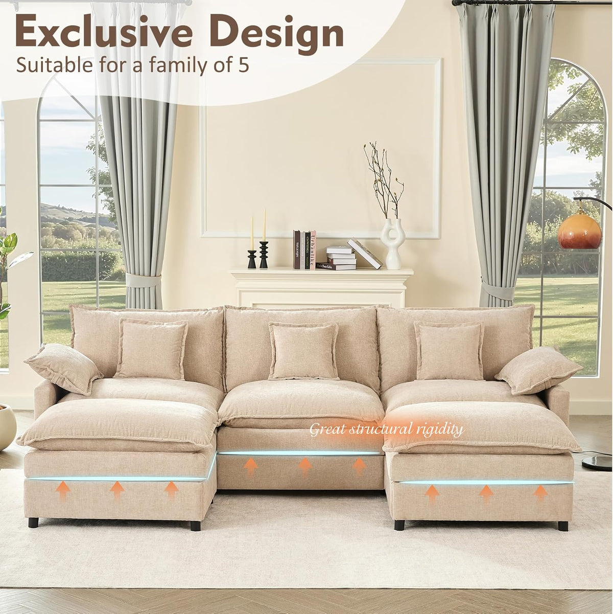 108" U Shaped Couch, Modular Sectional Sofa, 3-Seater Comfy Cloud Couch with Movable Ottoman, Deep