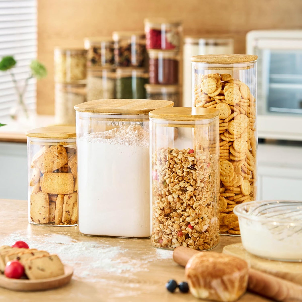Extra Large Square Glass Flour & Sugar Storage Containers with Airtight Lids, 168oz & 84oz - 2 Pack