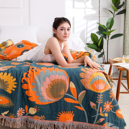 Snycler Boho Throw Blanket for Bed, 100% Organic Cotton Muslin Soft Throw-Orange Boho Floral