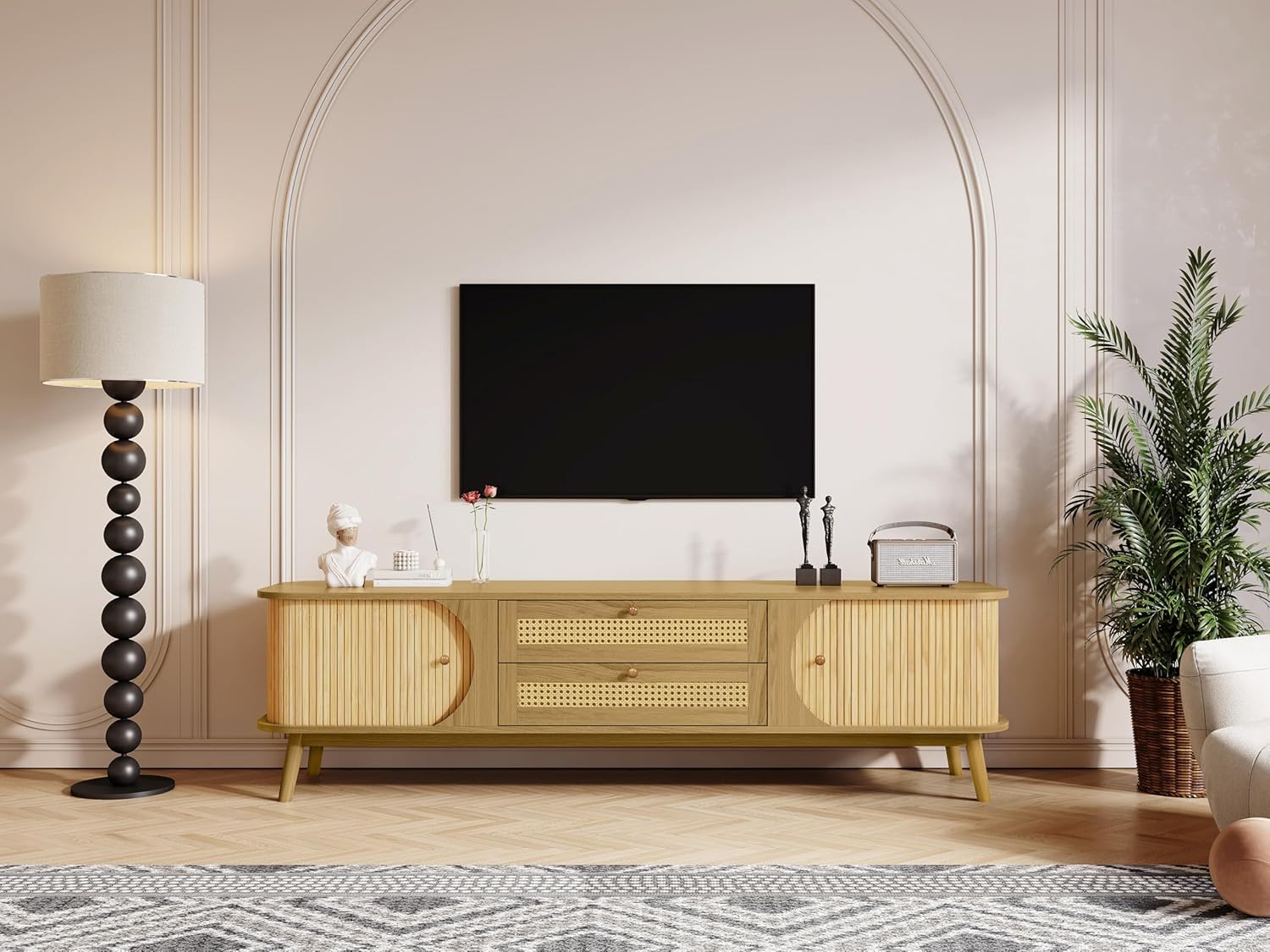 Merax Modern Fluted TV Stand for 75" TVs, Mid-Century Entertainment Center Tambour Door Media