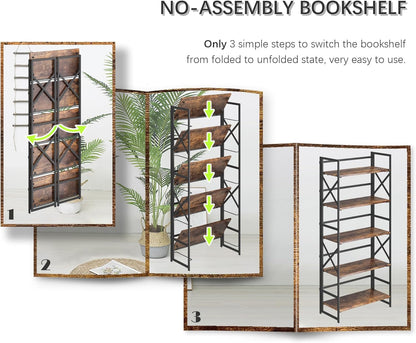 4NM 5 Tiers No Assembly Book Shelves, 51.2" H Folding Bookshelf Bookcase Open Industrial Foldable
