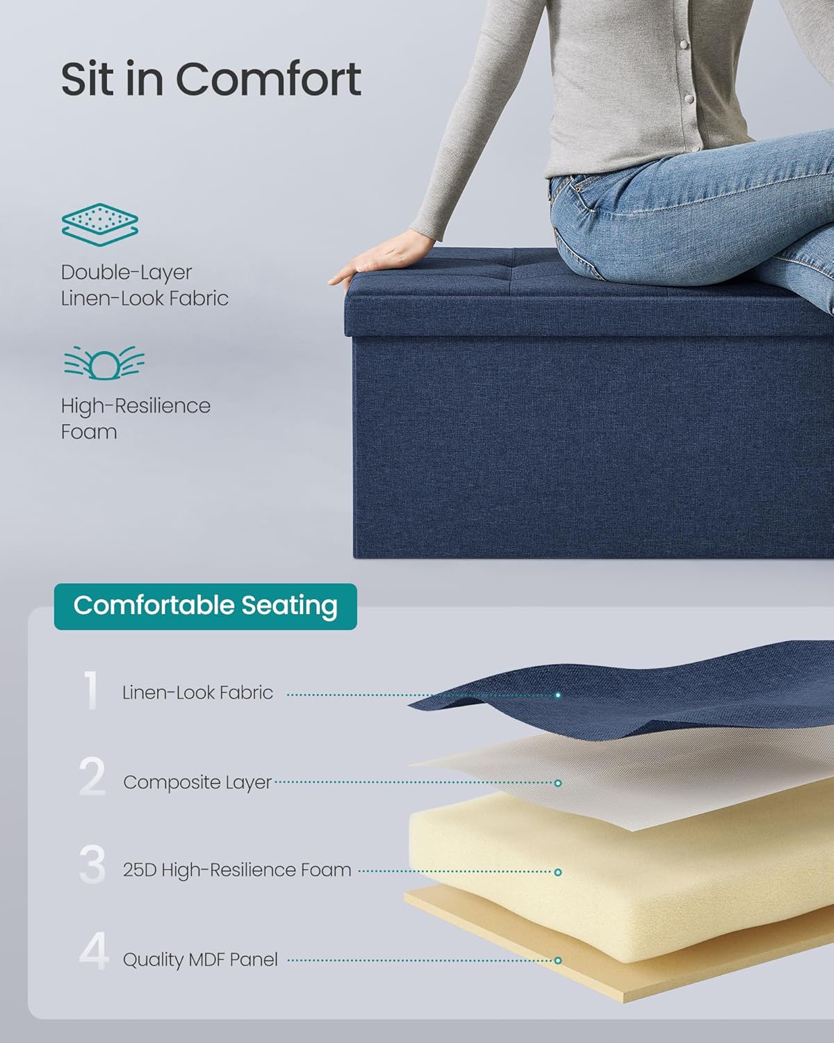 SONGMICS MAZIE Collection - 43 Inches Folding Storage Ottoman Bench, Ottoman Foot Rest, End of Bed