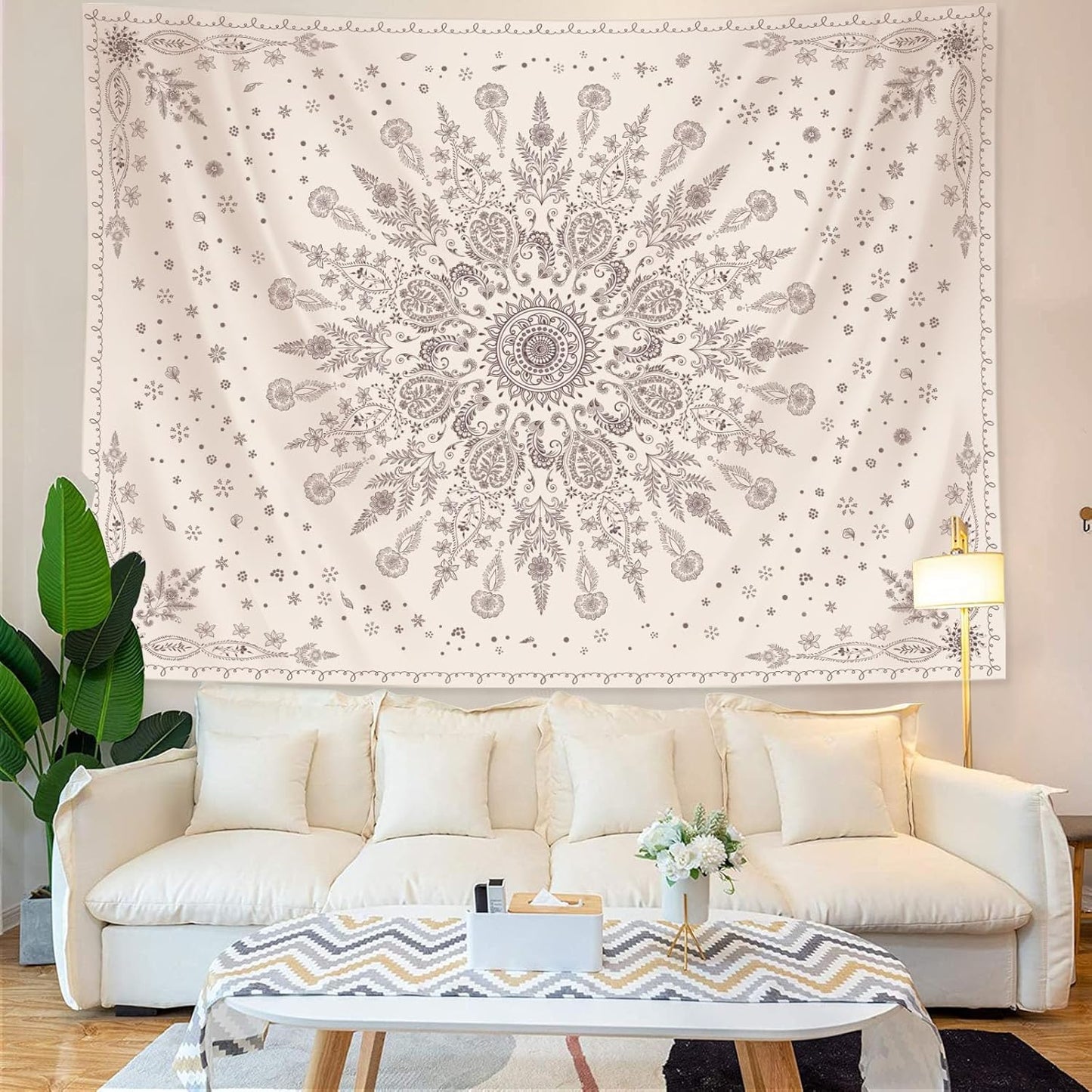 Lunerfex Boho Floral Tapestry Mandala Wall Tapestry, Cute Tapestries for Bedroom Beige Flower