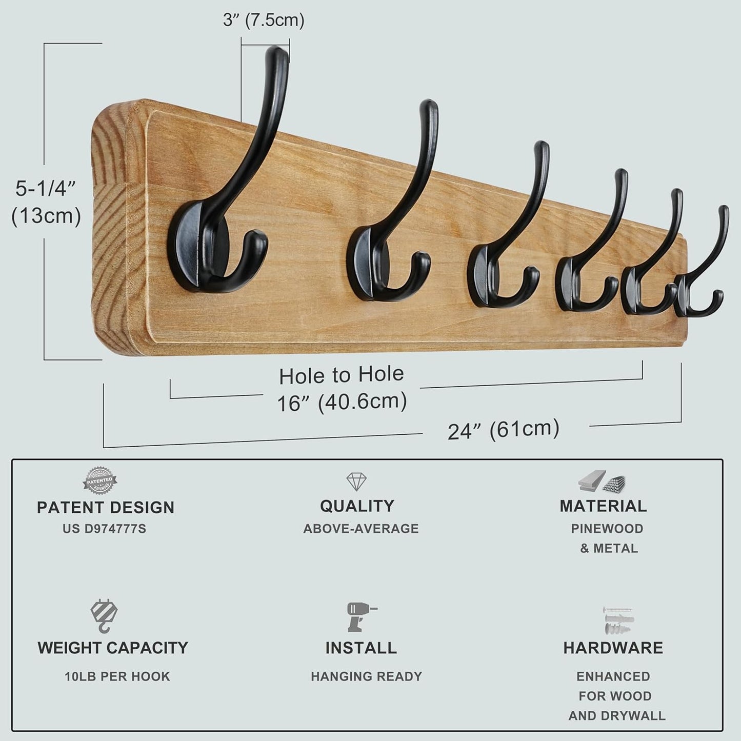 Dseap Wall Mounted Coat Rack: 24" Long, Patented, Heavy-Duty, 6-Double-Hooks Wooden Hanger Rail for