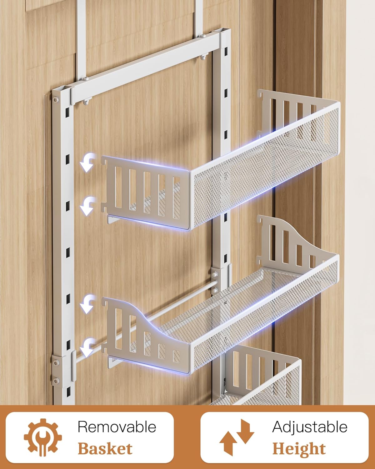 Over the Door Pantry Organizer 8-Tier, Large Metal Door Spice Rack with Adjustable Basket, 2 in 1