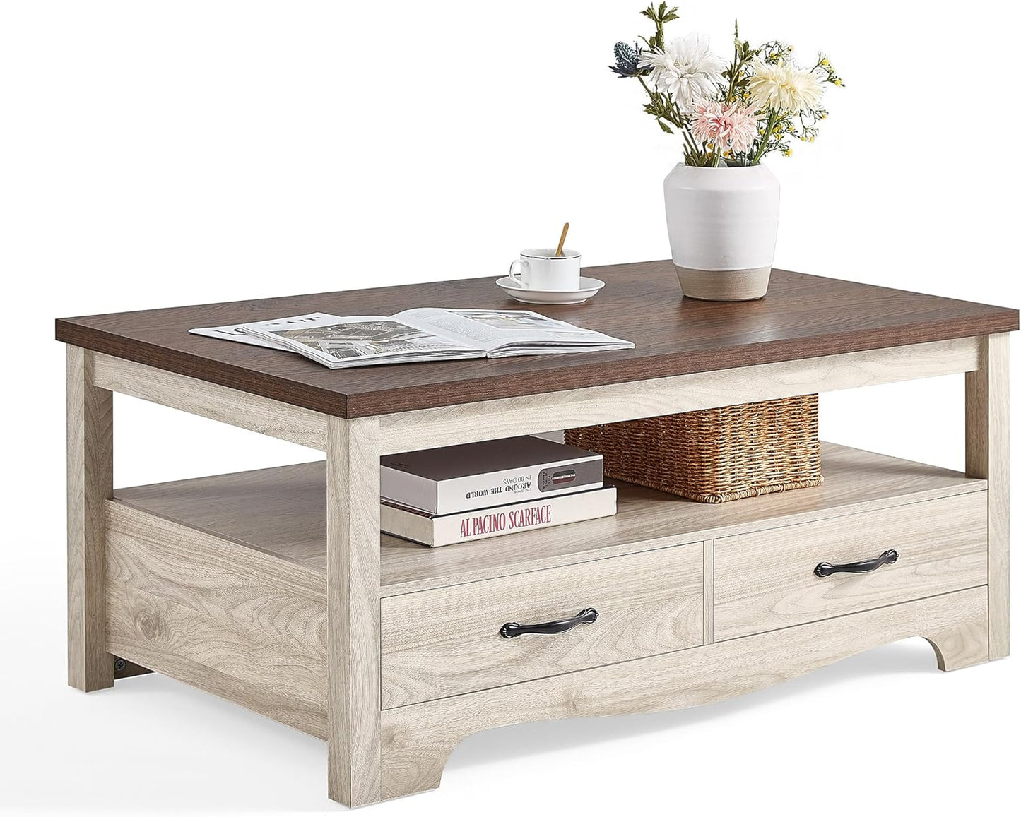 LINSY HOME Farmhouse Coffee Table with Storage, Wood Coffee Table for Living Room, Open Display
