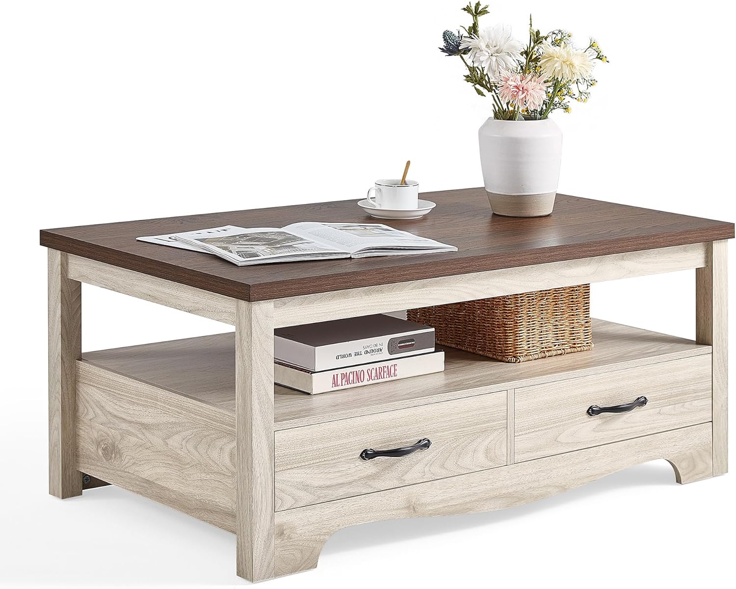LINSY HOME Farmhouse Coffee Table with Storage, Wood Coffee Table for Living Room, Open Display