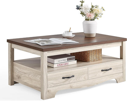 LINSY HOME Farmhouse Coffee Table with Storage, Wood Coffee Table for Living Room, Open Display