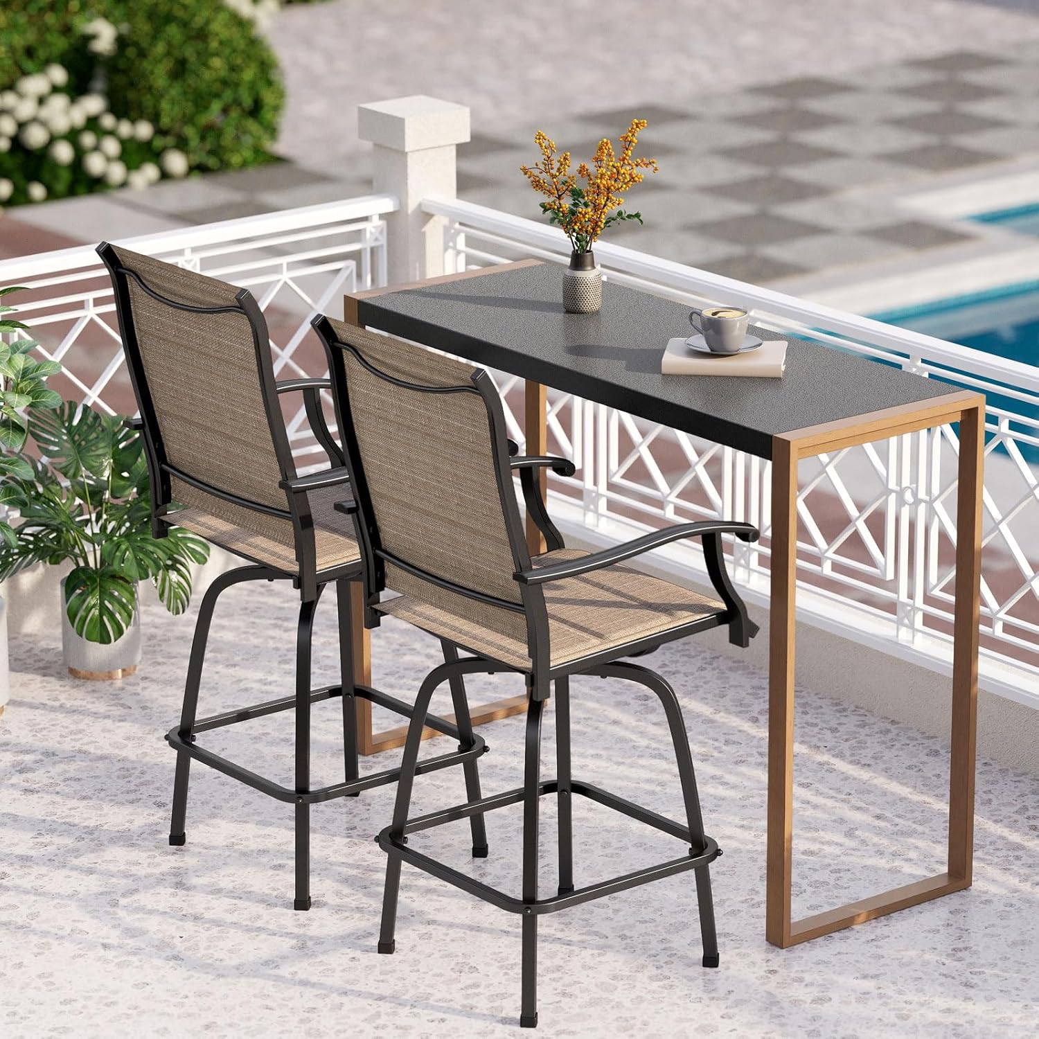 PHI VILLA 3 Piece Outdoor Bar Set, Bar Height Patio Table and Chairs with Brown Padded Textilene