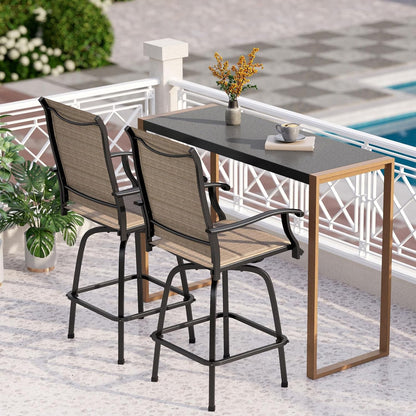 PHI VILLA 3 Piece Outdoor Bar Set, Bar Height Patio Table and Chairs with Brown Padded Textilene