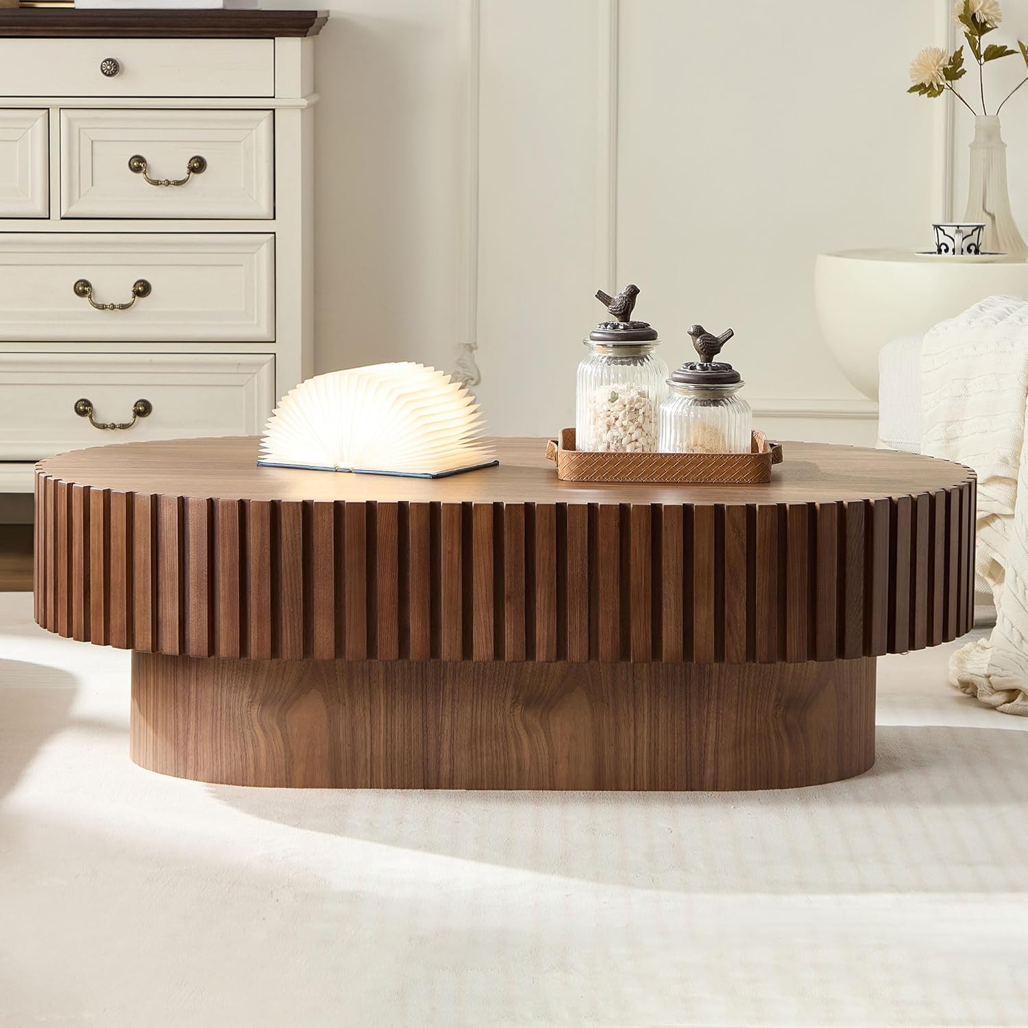 43.7" Oval Coffee Table for Living Room,Modern Handcraft Drum Coffee TableSmall Wooden Coffee Table