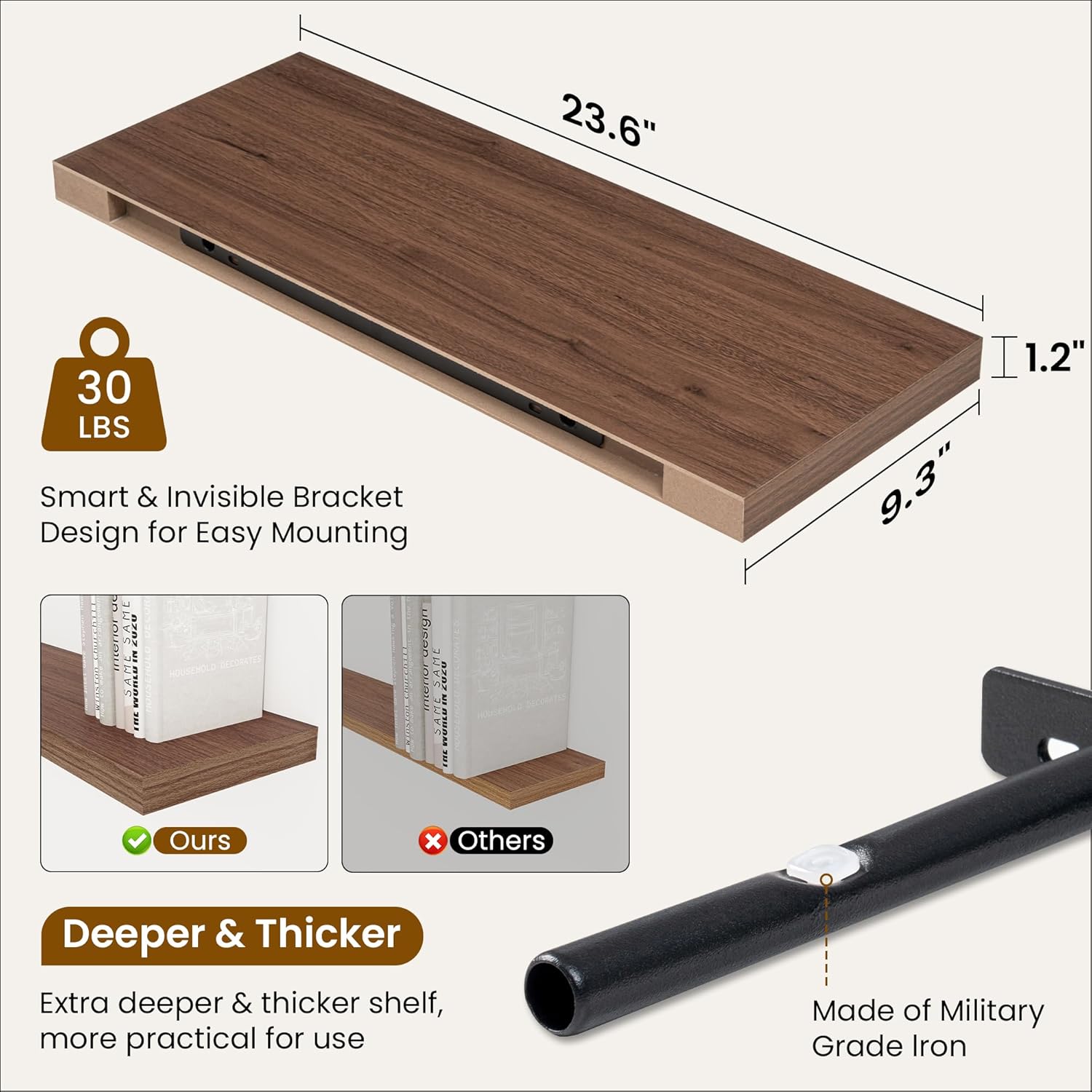 Fun Memories 24 Inch Floating Shelves for Wall, 9 Inch Deep Walnut Rustic Wood Wall Mounted Shelves