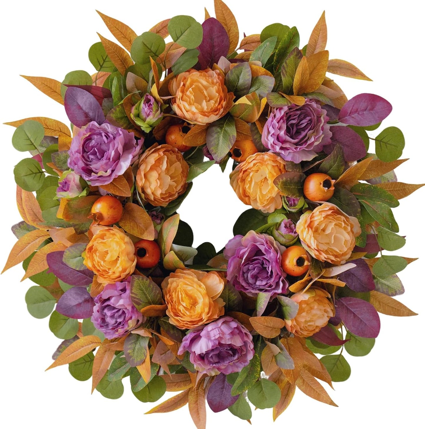 24 Inch Fall Wreath for Front Door - Autumn Wreath with Peony, Maple Leaves, Berries - Farmhouse