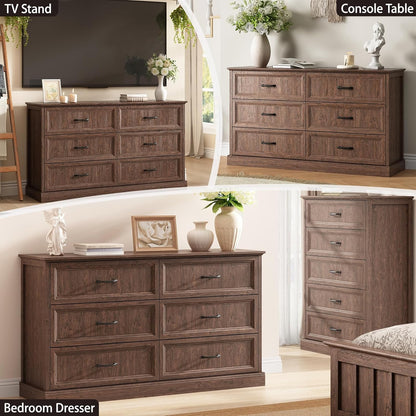 Farmhouse 6 Drawer Dresser for Bedroom, 55 Inch Wide Modern Brown Dresser TV Stand with Large