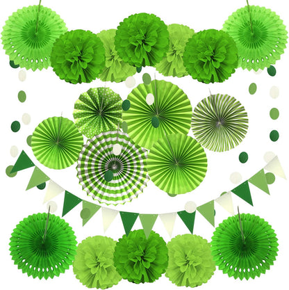 ZERODECO Party Decoration, 21 Pcs Green Hanging Paper Fans, Pom Poms Flowers, Garlands String Polka