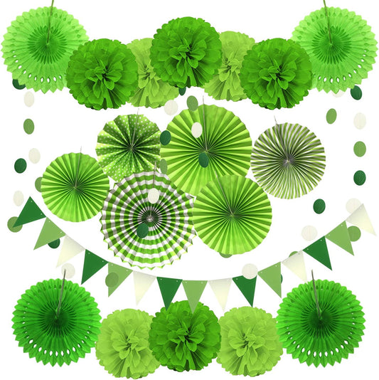ZERODECO Party Decoration, 21 Pcs Green Hanging Paper Fans, Pom Poms Flowers, Garlands String Polka