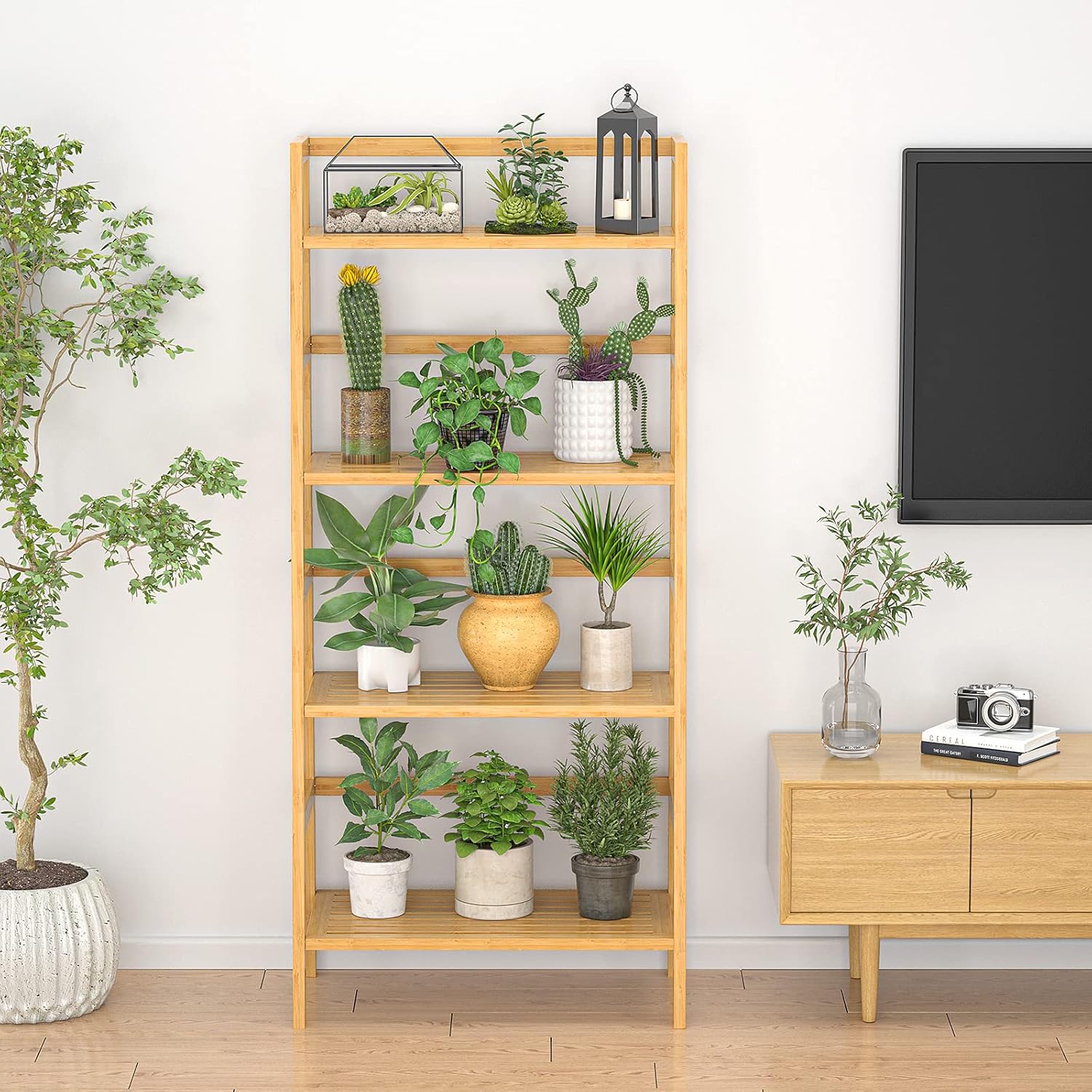 Homykic Bamboo Bookshelf 4-Tier Ladder Shelf, 49.2” Freestanding Open Bookcase Book Shelf Bathroom