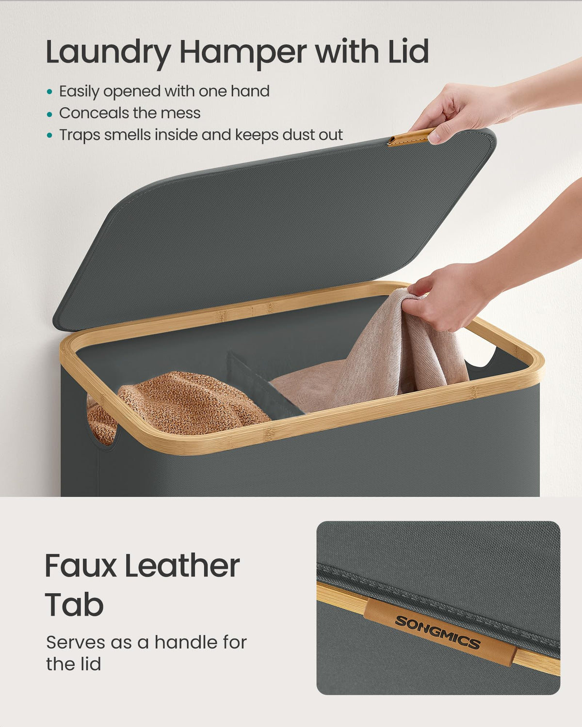 SONGMICS Laundry Hamper, Laundry Basket with Lid, Foldable Storage Basket, Bamboo Frame, for