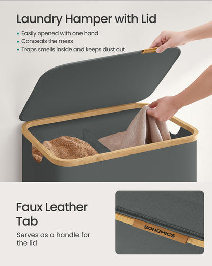 SONGMICS Laundry Hamper, Laundry Basket with Lid, Foldable Storage Basket, Bamboo Frame, for