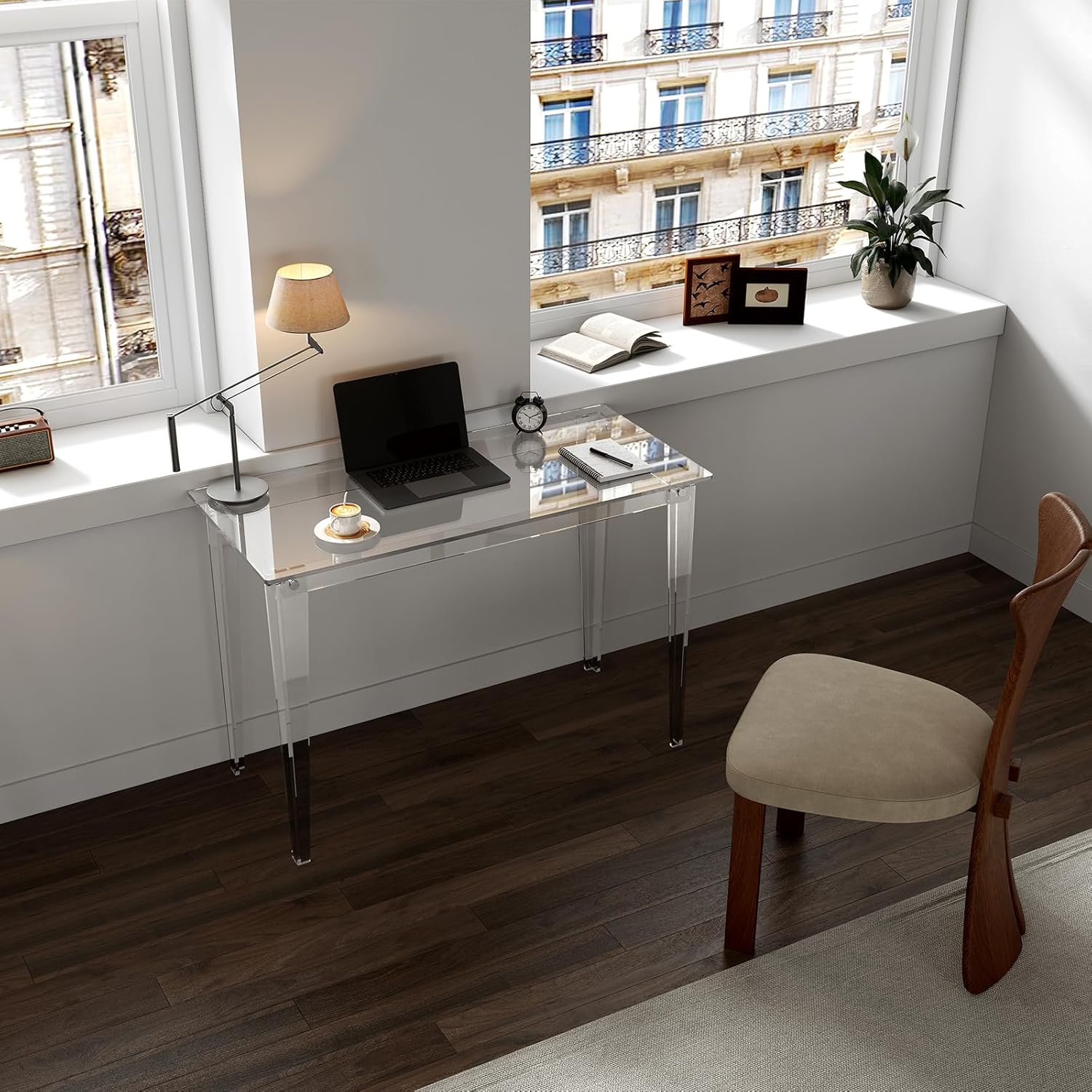 HMYHUM Acrylic Computer Desk, 43.3 Inch, Clear Study Desk for Home Office, Writing, Vanity, Modern