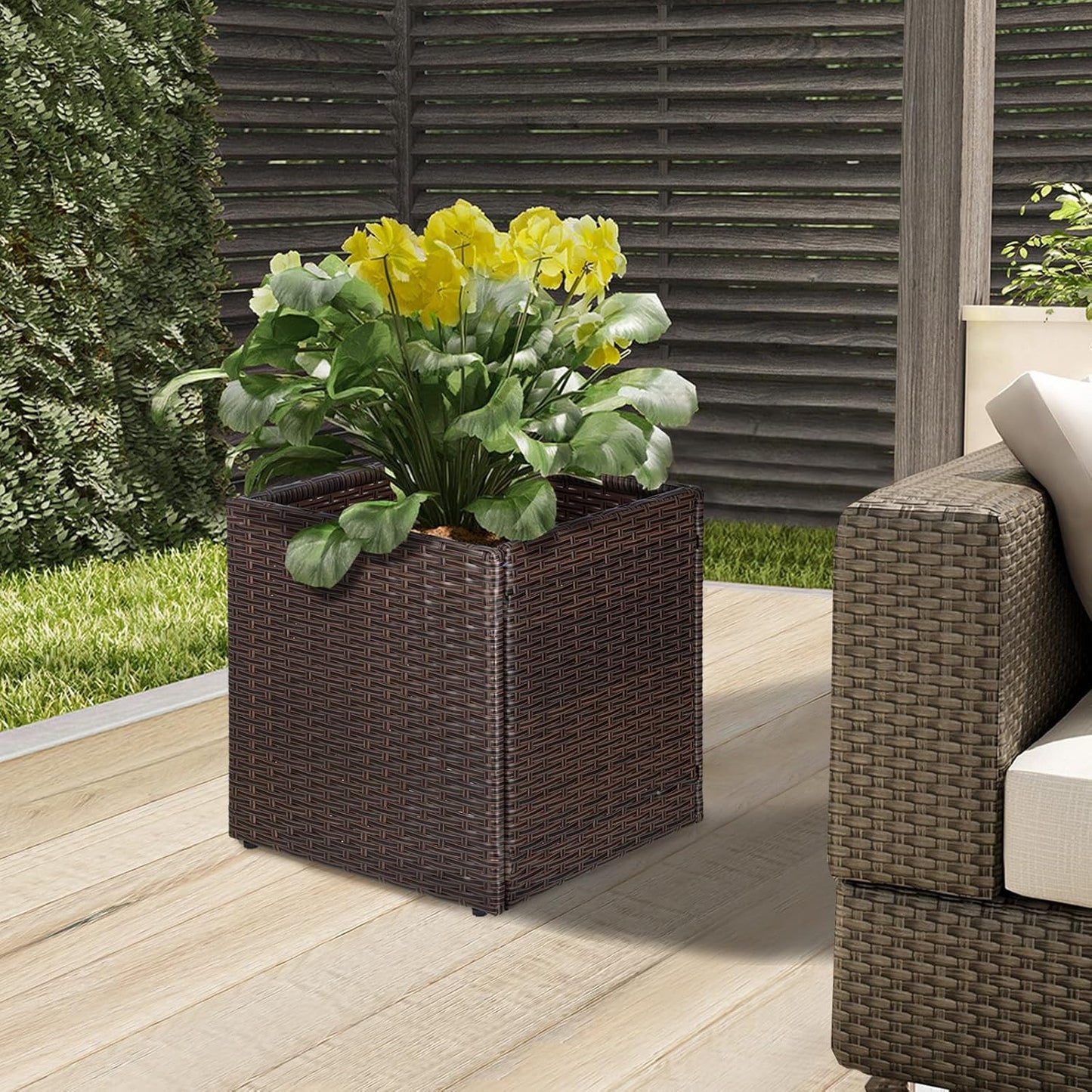 SUNNYPARK Set of 2 Large Square Planter with Removable Liner, All-Weather PE Rattan Modern Planters