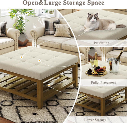 Large Square Ottoman Coffee Table, Linen Solid Upholstered Footrest Ottoman with Solid Wood Shelf