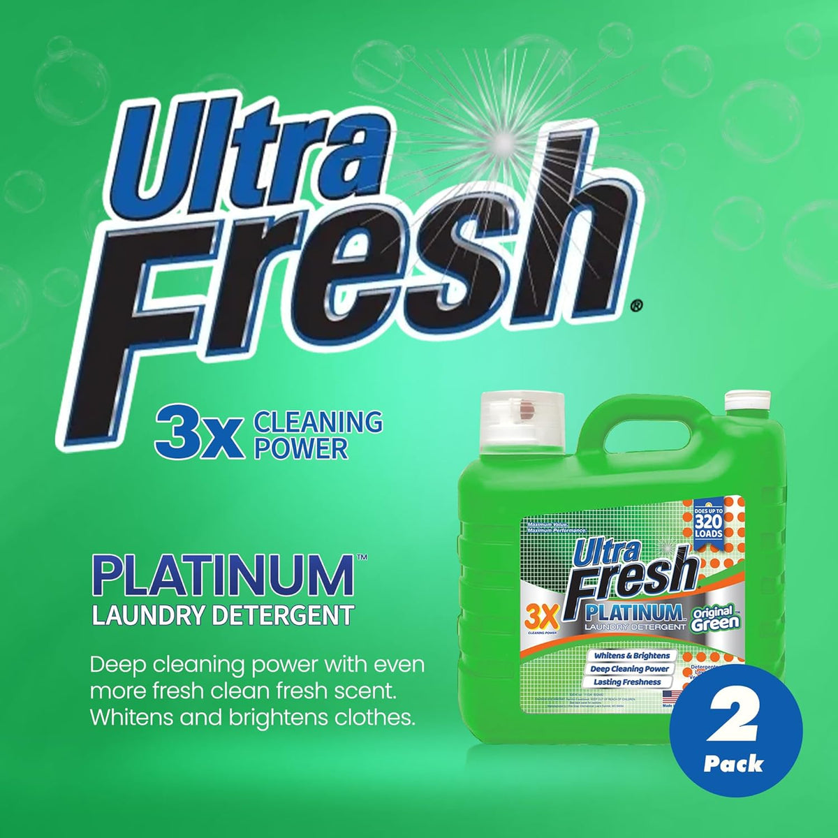 Ultra Fresh 2 Pack 3X Platinum Liquid Laundry Detergent up to 320 Loads, Original Green - Deep
