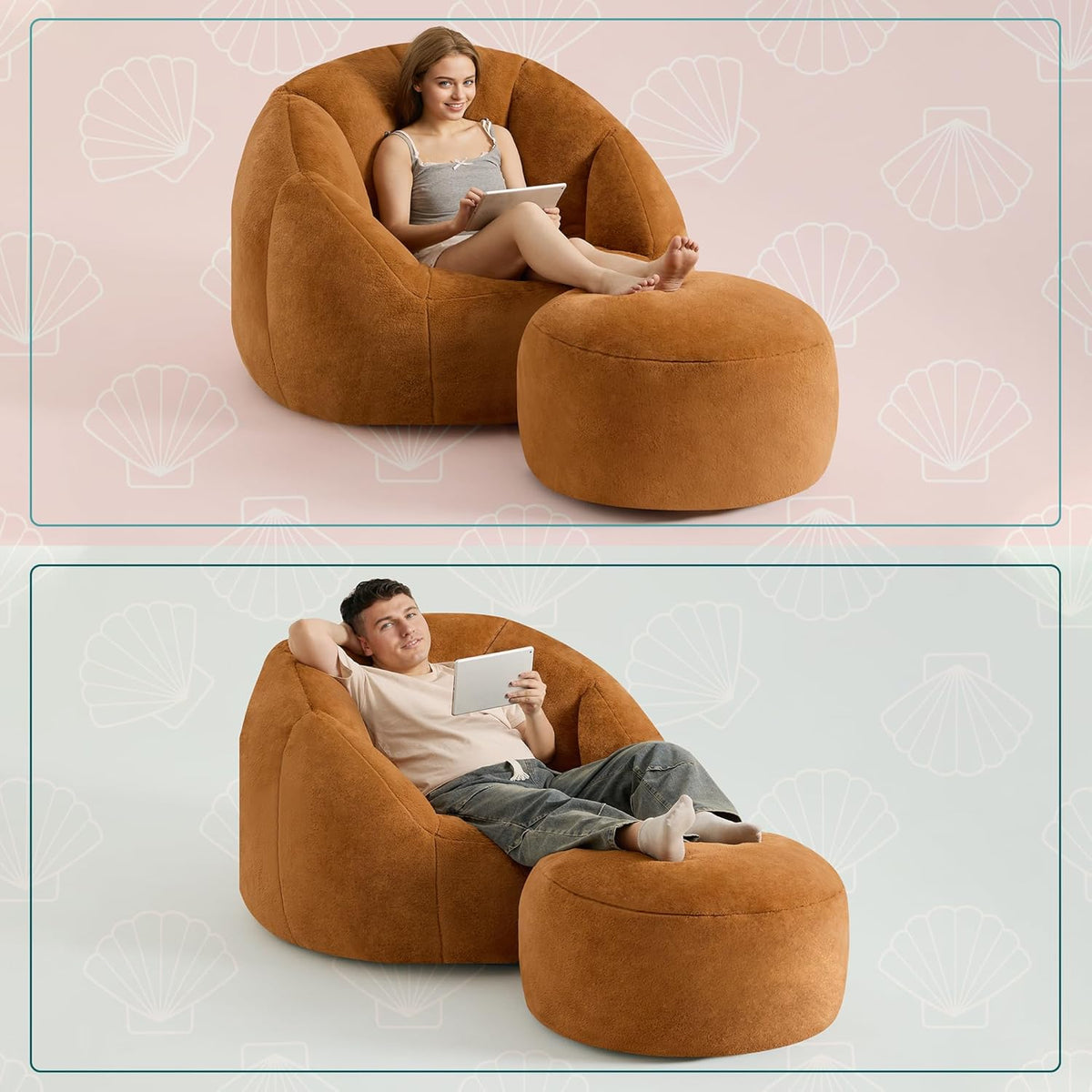 Giant Bean Bag Swivel Chair for Adults - Comfy Plush Round Shell Soft Accent Chaise Lounge Indoor