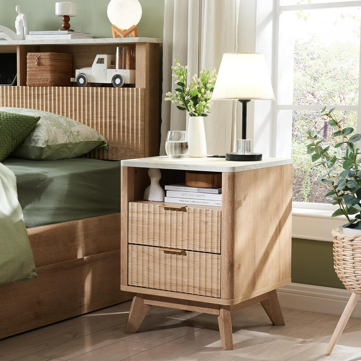 T4TREAM Fluted Nightstand with Charging Station, 18" Modern Side Table with Faux Marble Top, 2
