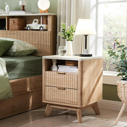 T4TREAM Fluted Nightstand with Charging Station, 18" Modern Side Table with Faux Marble Top, 2