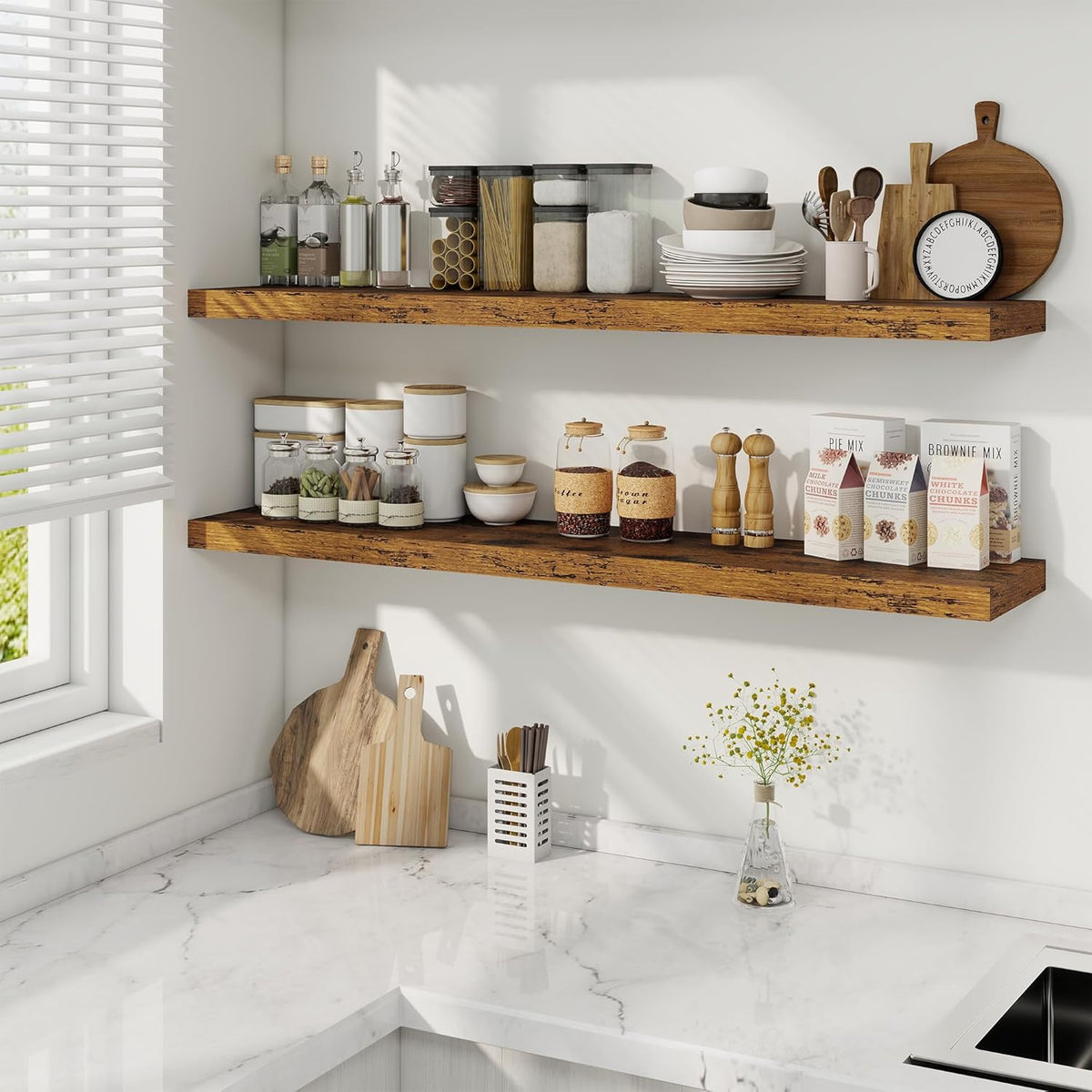 Fun Memories 48 Inch Deep Floating Shelves for Wall, 2 Pack of Long Wall Mounted Wood Shelves with
