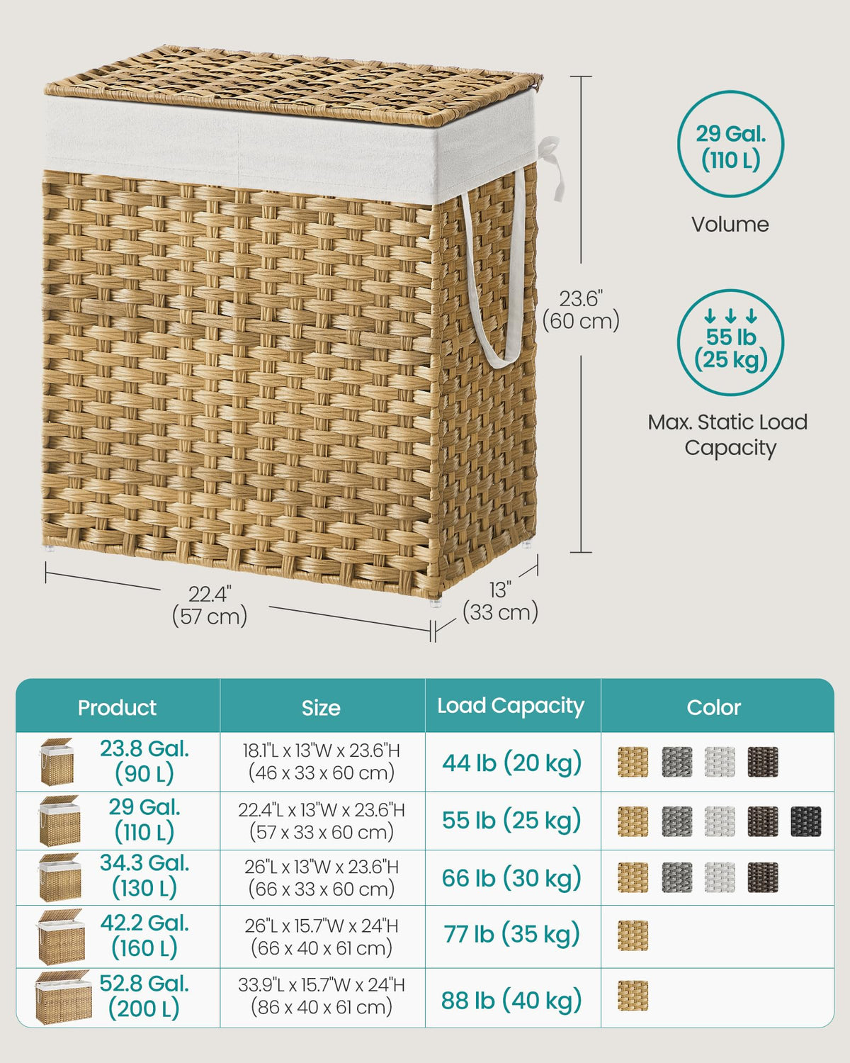 SONGMICS Laundry Hamper with Lid, 110L Wicker Laundry Basket