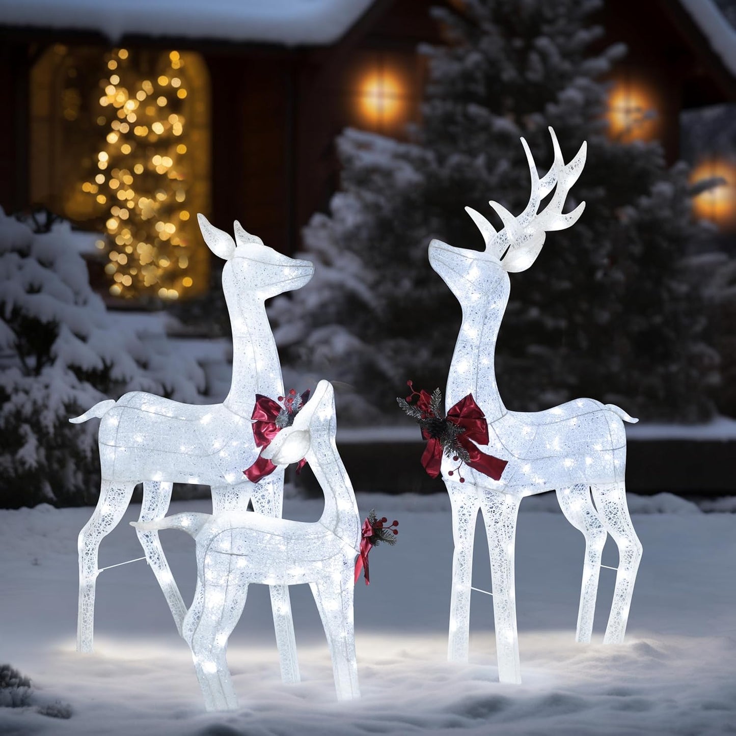 4.5FT Lighted Reindeer Family Set for Christmas Decoration, 3 Pieces Pre-Lit Iridescent Deer Xmas