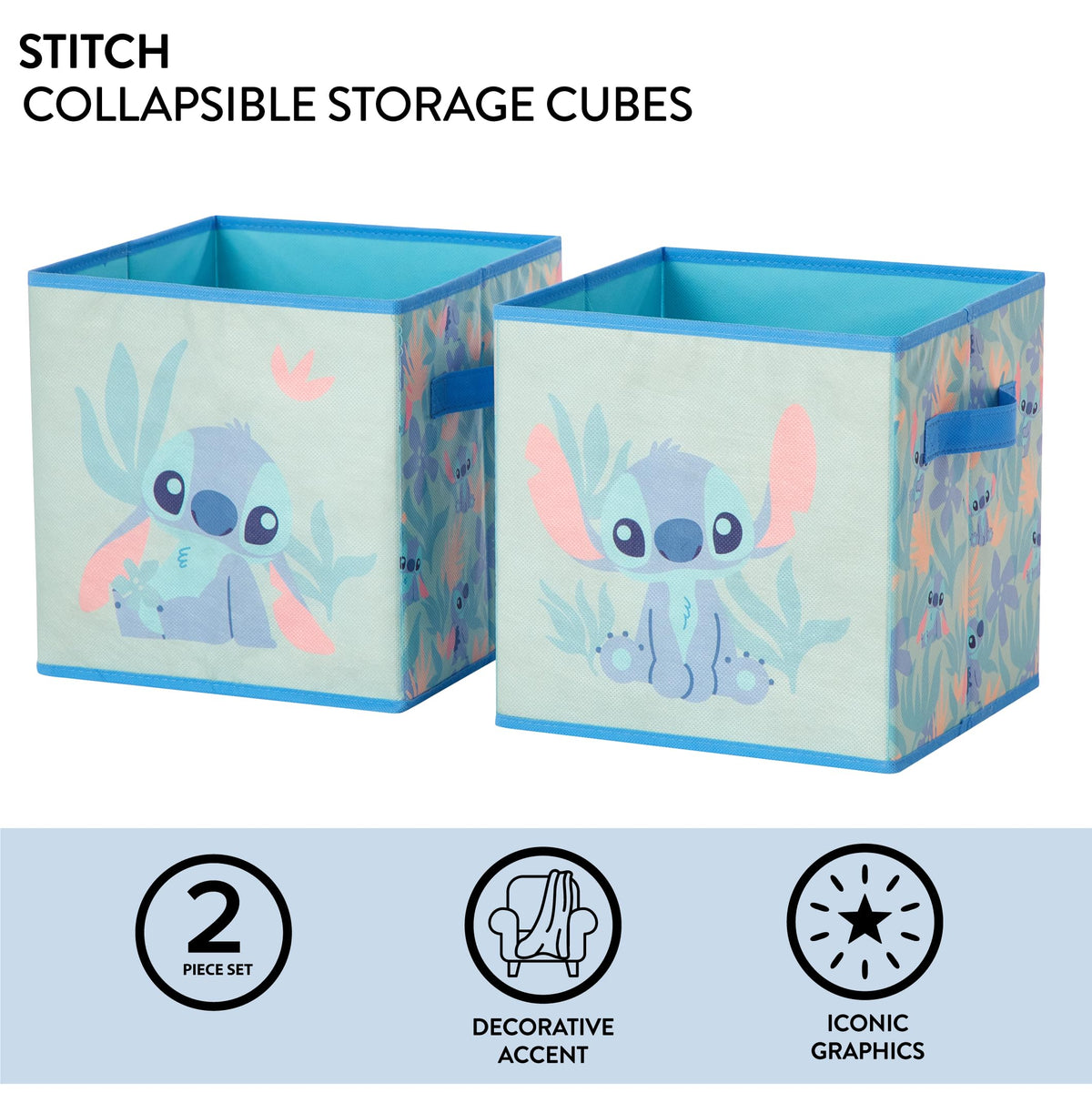 Stitch Storage Cubes Set of 2 Durable Fabric Bins with Handles, 10"x10"x10" Collapsible Cube