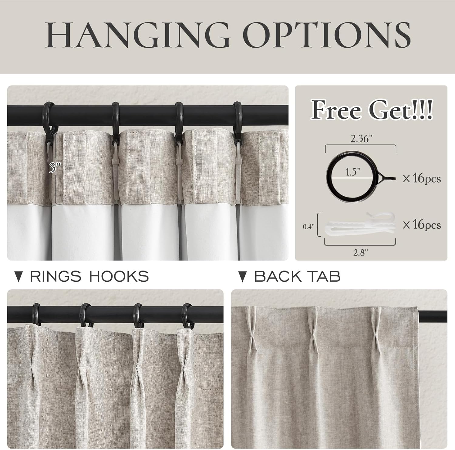 Pinch Pleated 92 Inch Curtains Blackout for Bedroom 2 Panels Set, Natural Linen Farmhouse Viral for