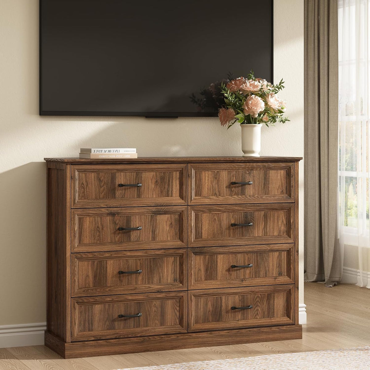 Farmhouse 8 Drawer Dresser for Bedroom, 55 Inch Wide Modern Walnut Dresser TV Stand with Large