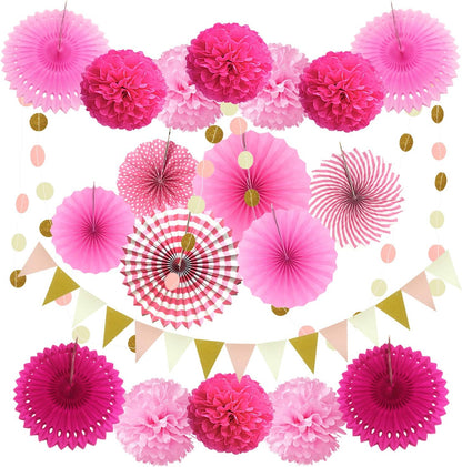 ZERODECO Party Decoration, 21 Pcs Pink Hanging Paper Fans, Pom Poms Flowers, Garlands String Polka