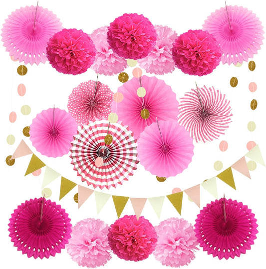 ZERODECO Party Decoration, 21 Pcs Pink Hanging Paper Fans, Pom Poms Flowers, Garlands String Polka