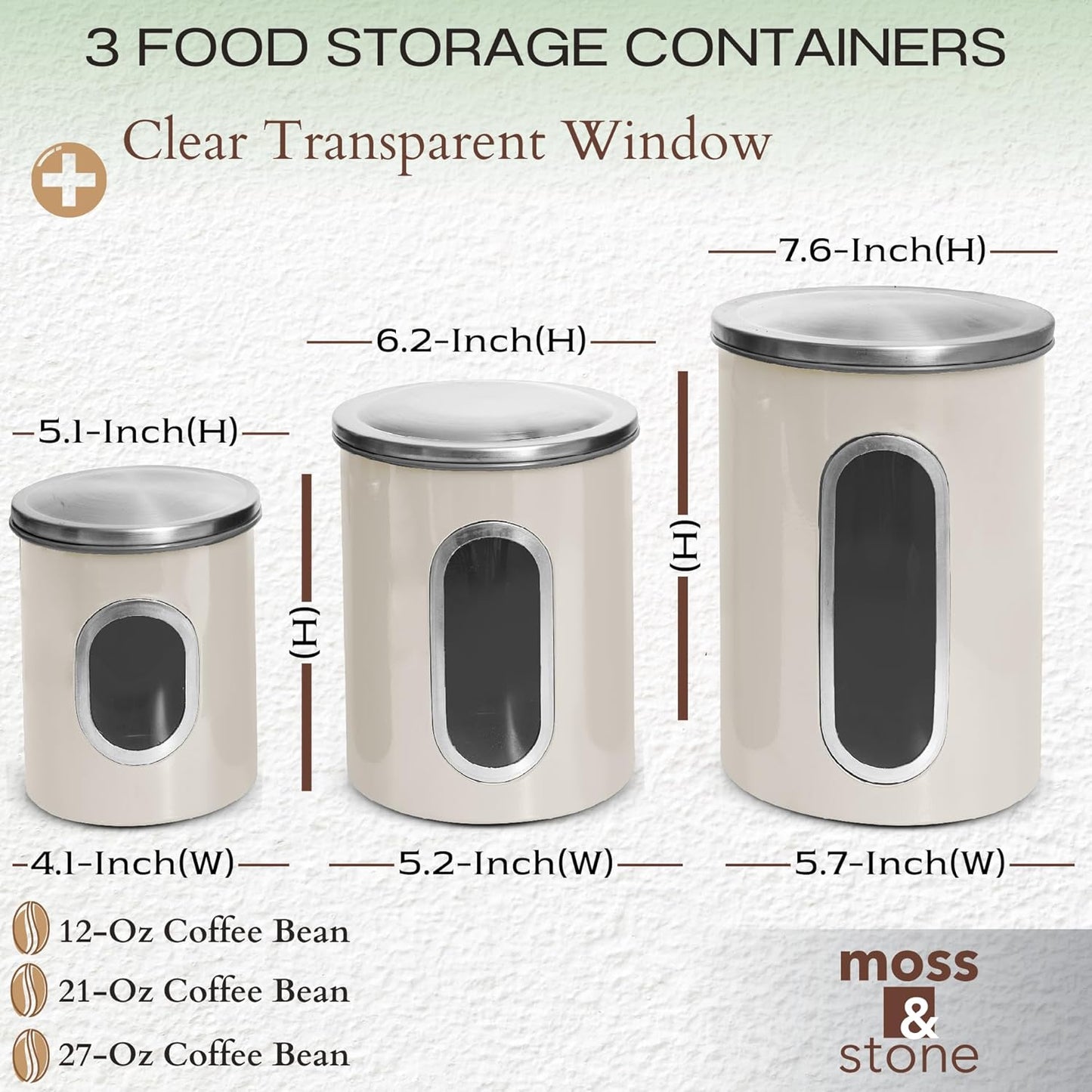 Moss & Stone 3-Piece Beige Canisters Sets For The Kitchen, Airtight Canister Set With See Through